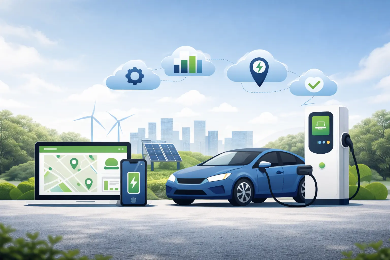 Logiciel de gestion de la recharge des véhicules électriques connectant les bornes de recharge, les applications mobiles, les données cloud et les systèmes énergétiques.