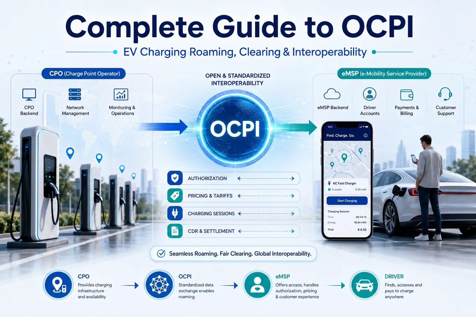 ขั้นตอนการทำงานของการโรมมิ่ง OCPI ระหว่าง CPO และ eMSP