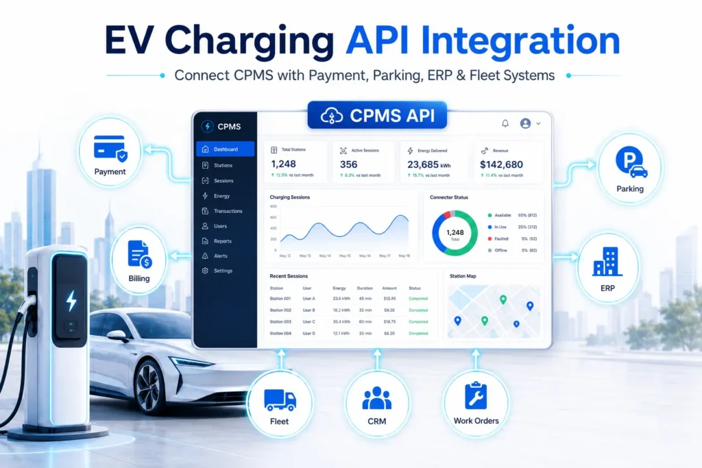 คู่มือการผสานรวม API สำหรับการชาร์จรถยนต์ไฟฟ้า วิธีเชื่อมต่อระบบ CPMS ของคุณกับระบบชำระเงิน ระบบที่จอดรถ ระบบ ERP และระบบจัดการยานพาหนะ