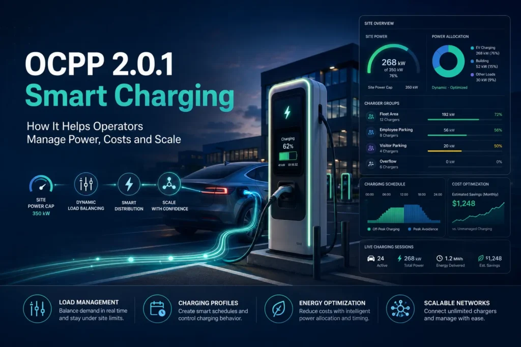 OCPP 2.0.1 pengisian daya cerdas untuk manajemen beban pengisian daya kendaraan listrik dan optimasi energi.
