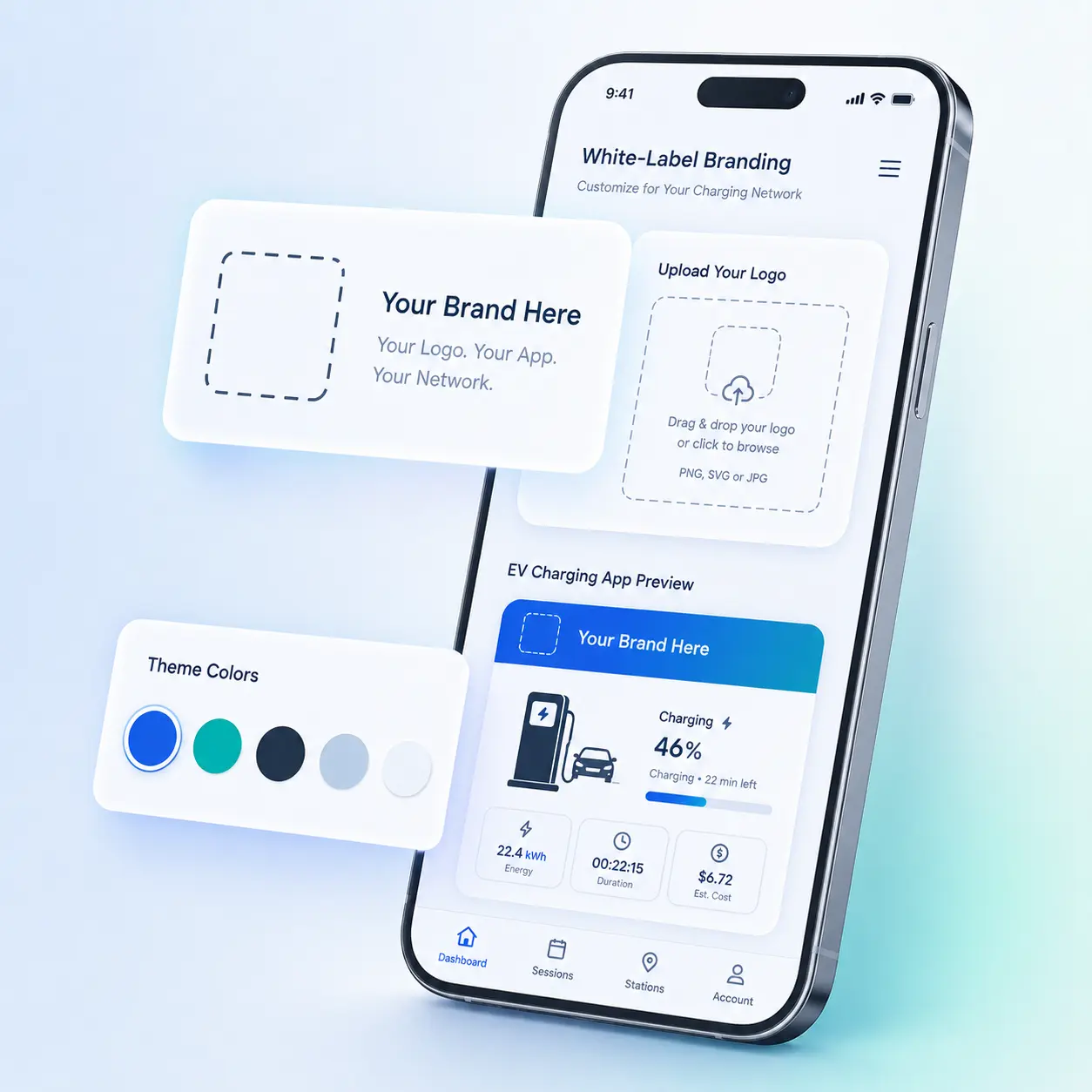 White-label EV charging software interface with customizable logo upload, theme colors, and branded EV charging app preview