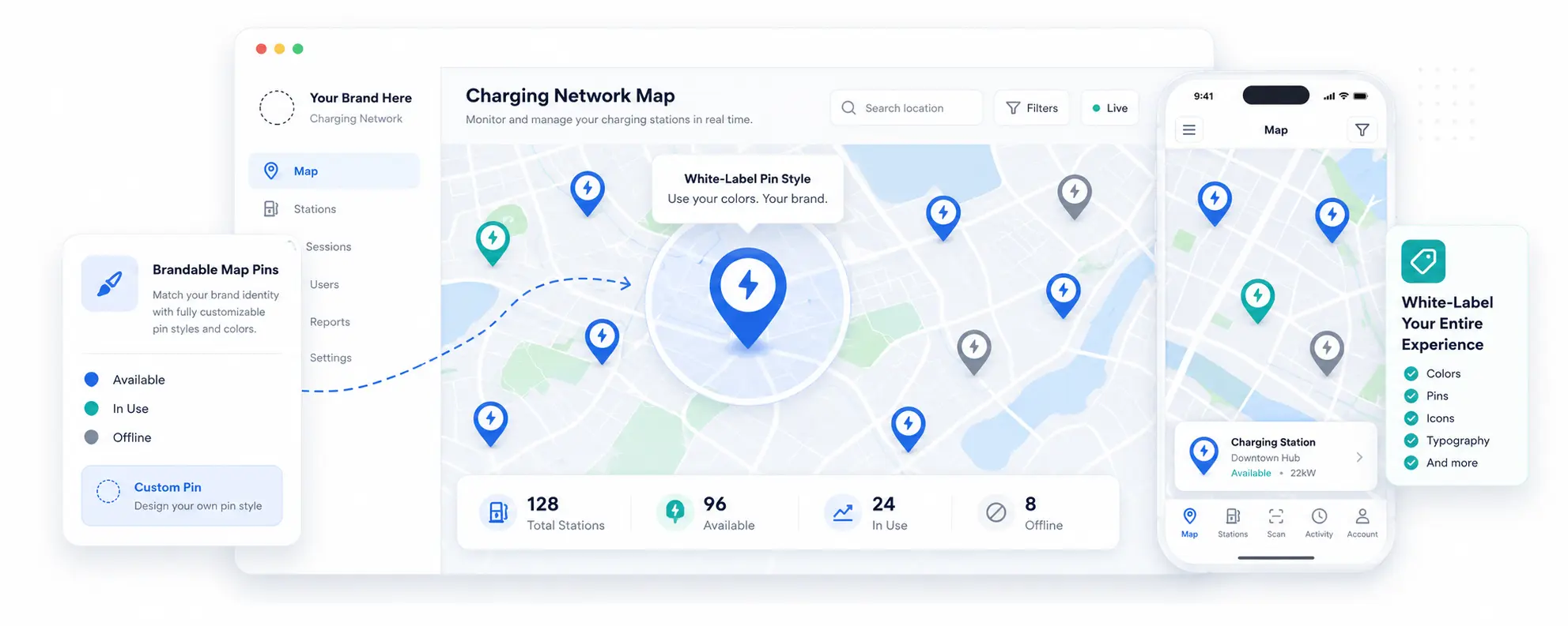 TRENDPOWER white-label EV charging software stack with branded backend network map and mobile app