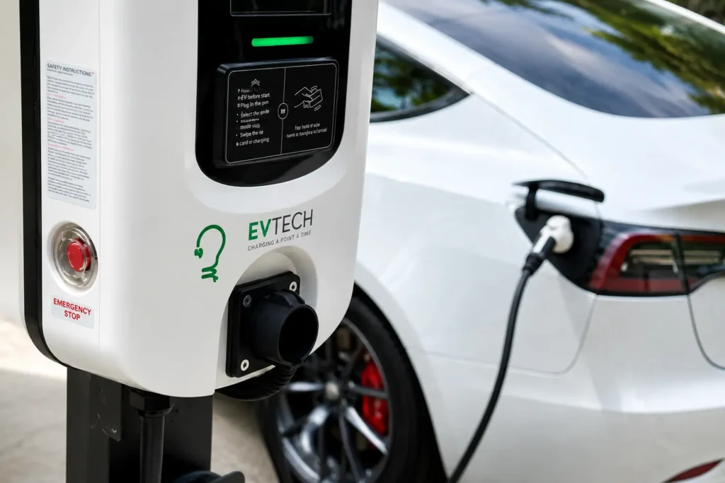 เครื่องชาร์จรถยนต์ไฟฟ้า EV Tech สำหรับใช้ในบ้าน กำลังชาร์จรถยนต์ไฟฟ้าสีขาว โดยใช้ซอฟต์แวร์การชาร์จอัจฉริยะ TrendPower