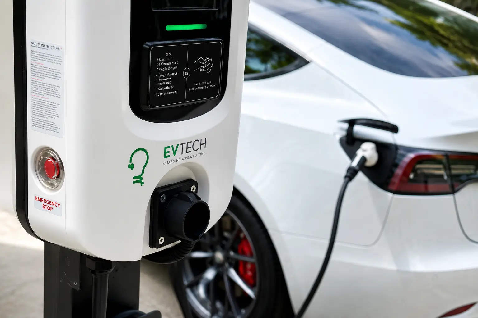 EV Tech home EV charger powering a white electric vehicle with TrendPower smart charging software support