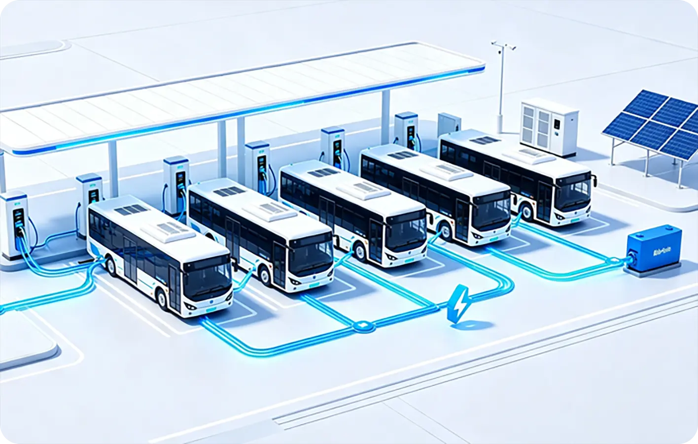 Electric bus depot with coordinated charging bays