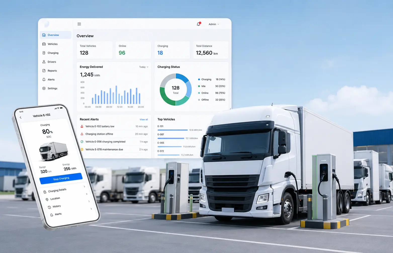 Heavy-duty electric truck charging fleet management system