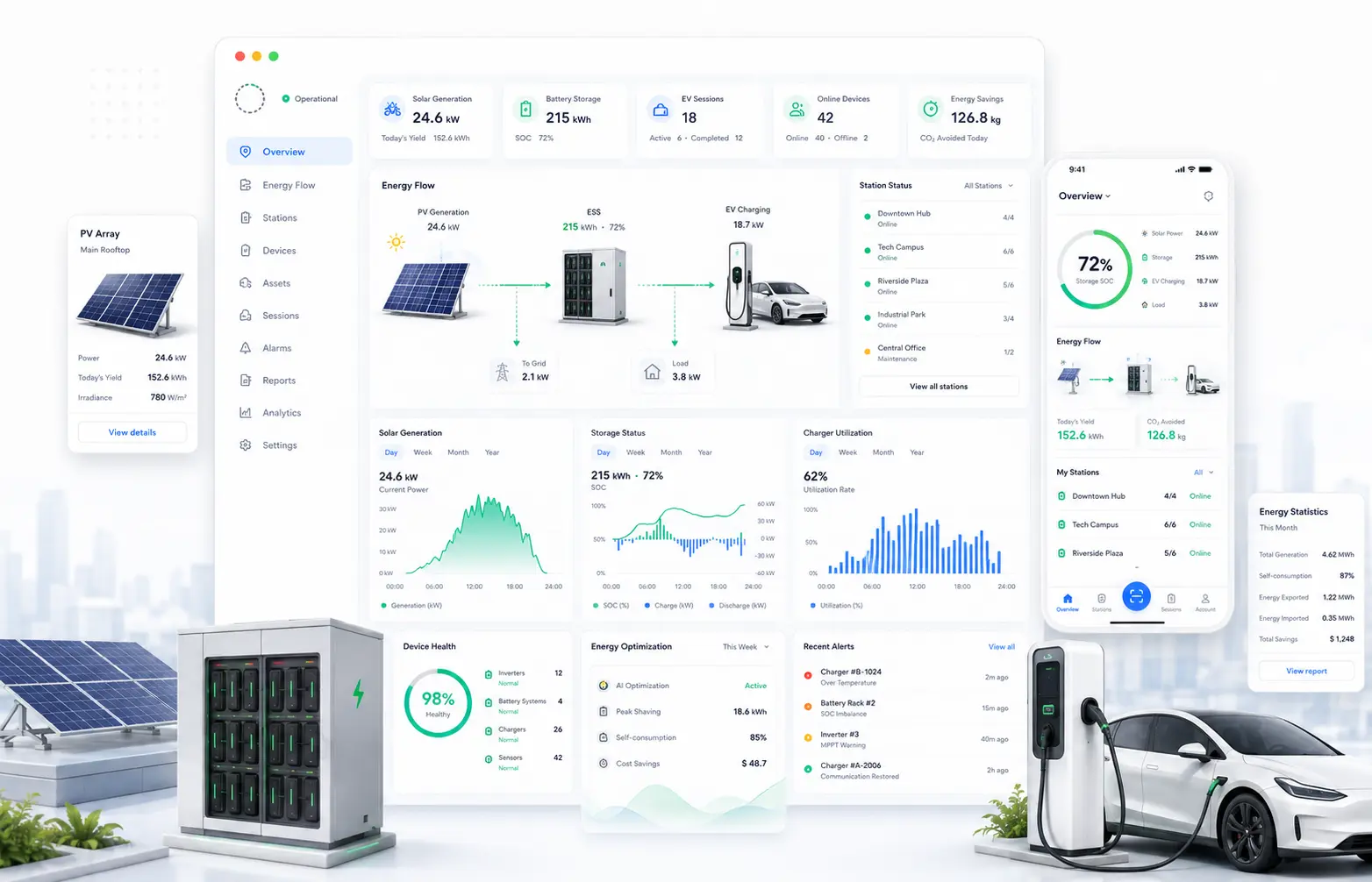 太陽光発電、エネルギー貯蔵、EV充電管理のためのPV ESS充電ソリューションダッシュボード