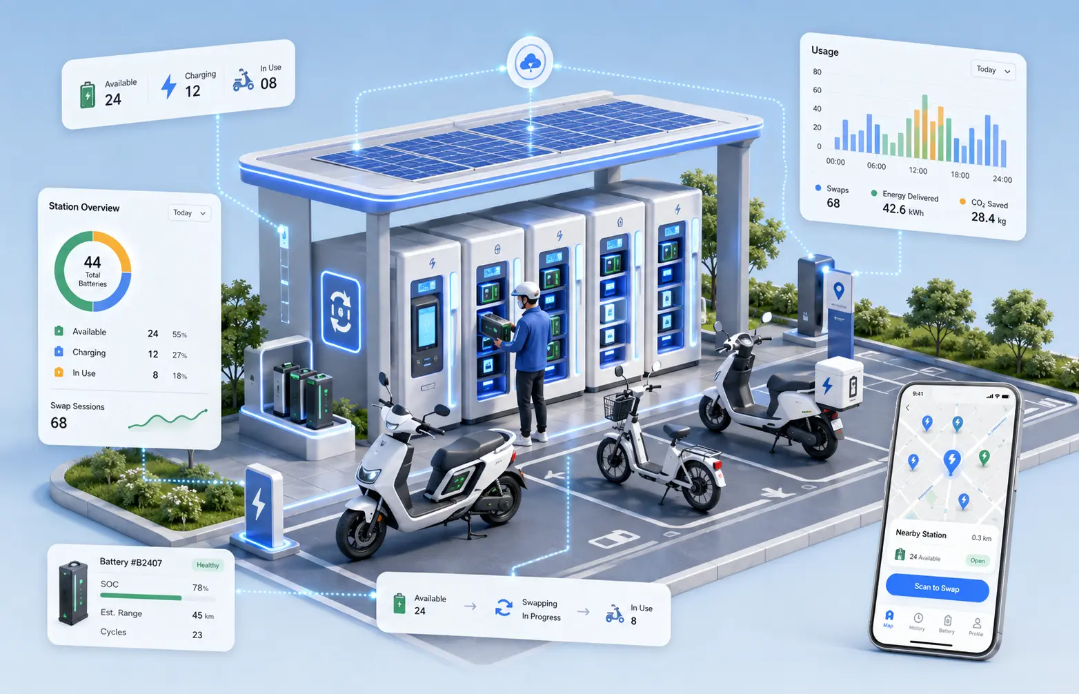 Shared battery swapping station with smart cabinets and mobile application