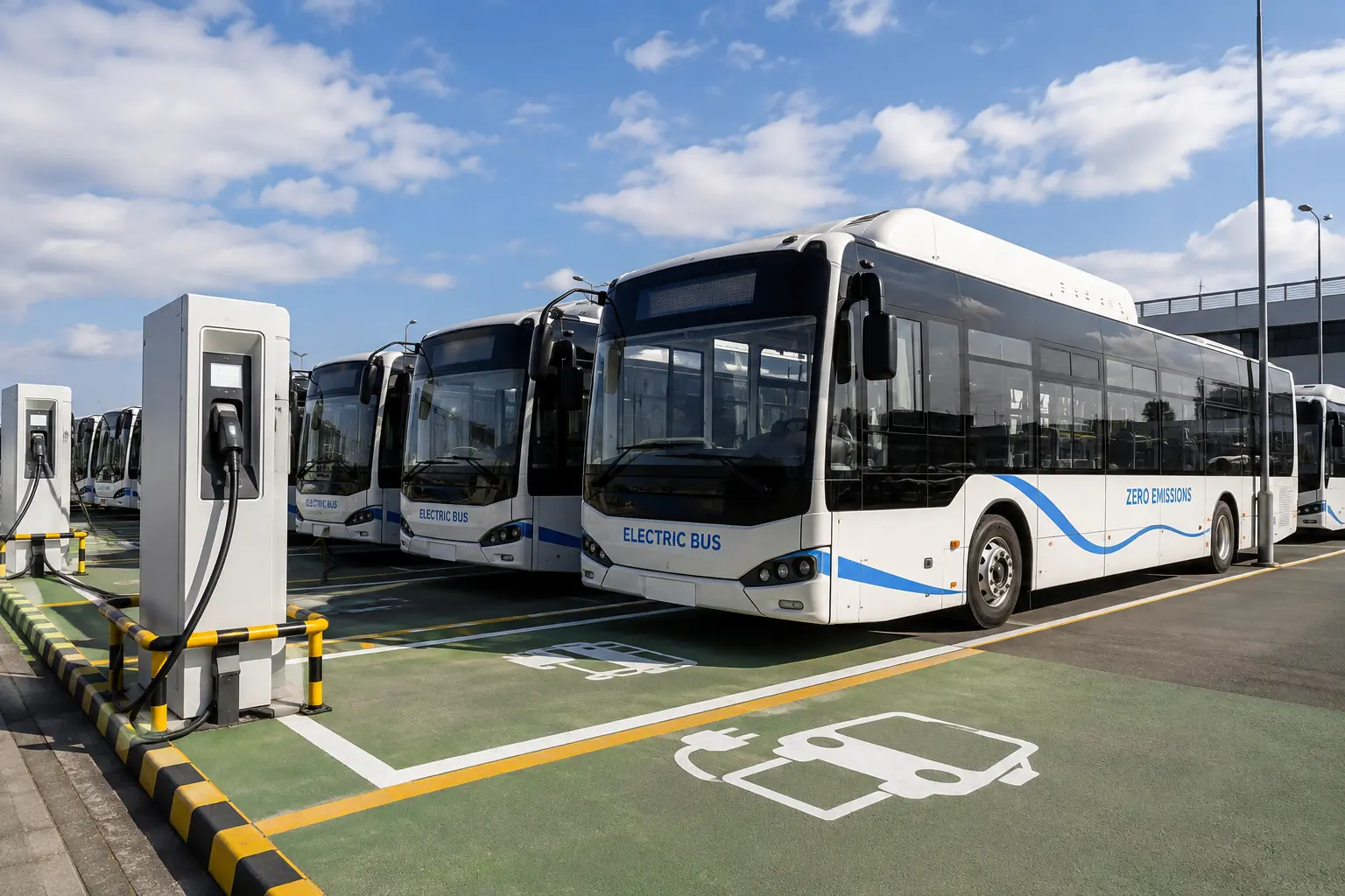 Electric bus depot with multiple zero-emission buses and EV charging stations for fleet charging management