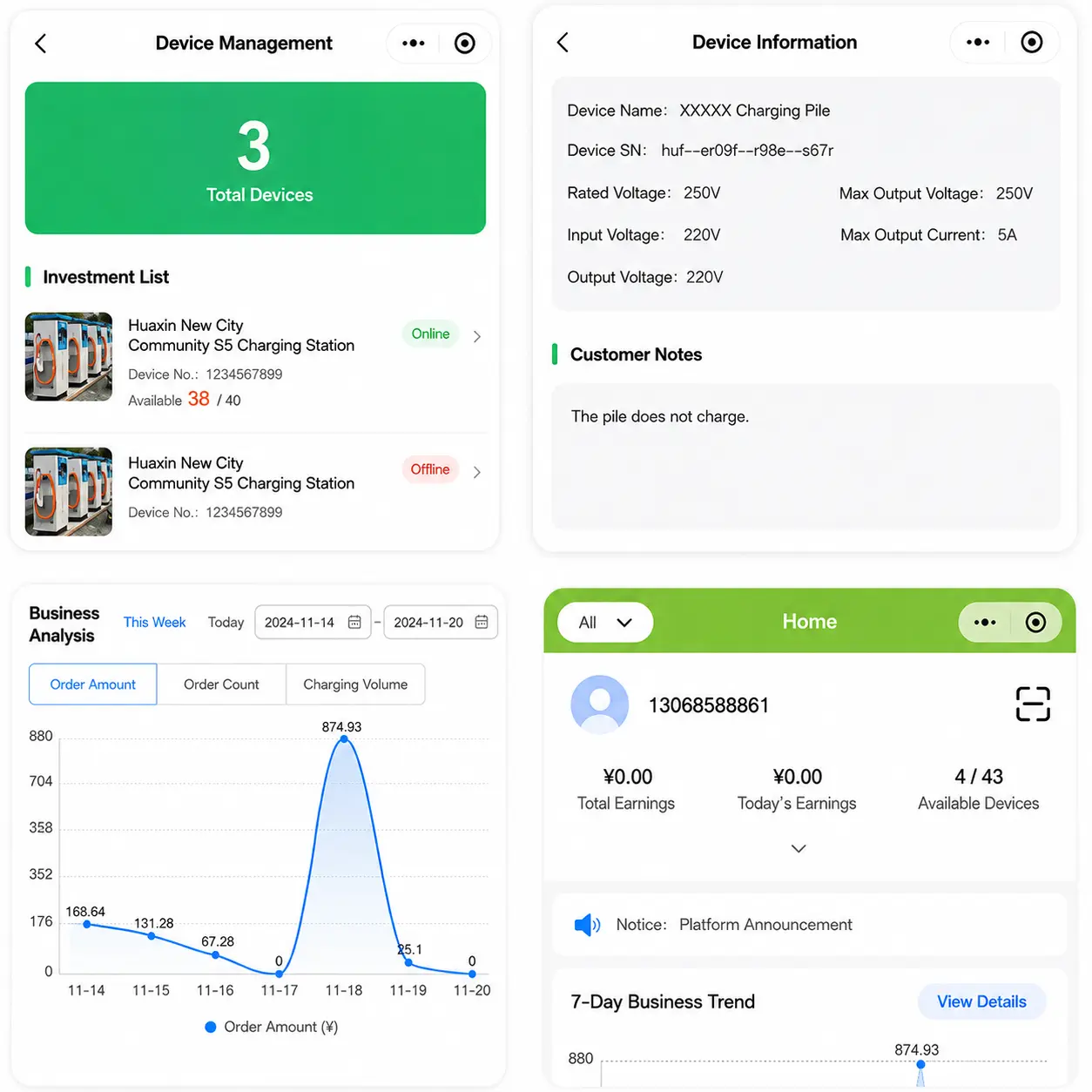 Operator client interface for e-bike charging station device O and M order and member management