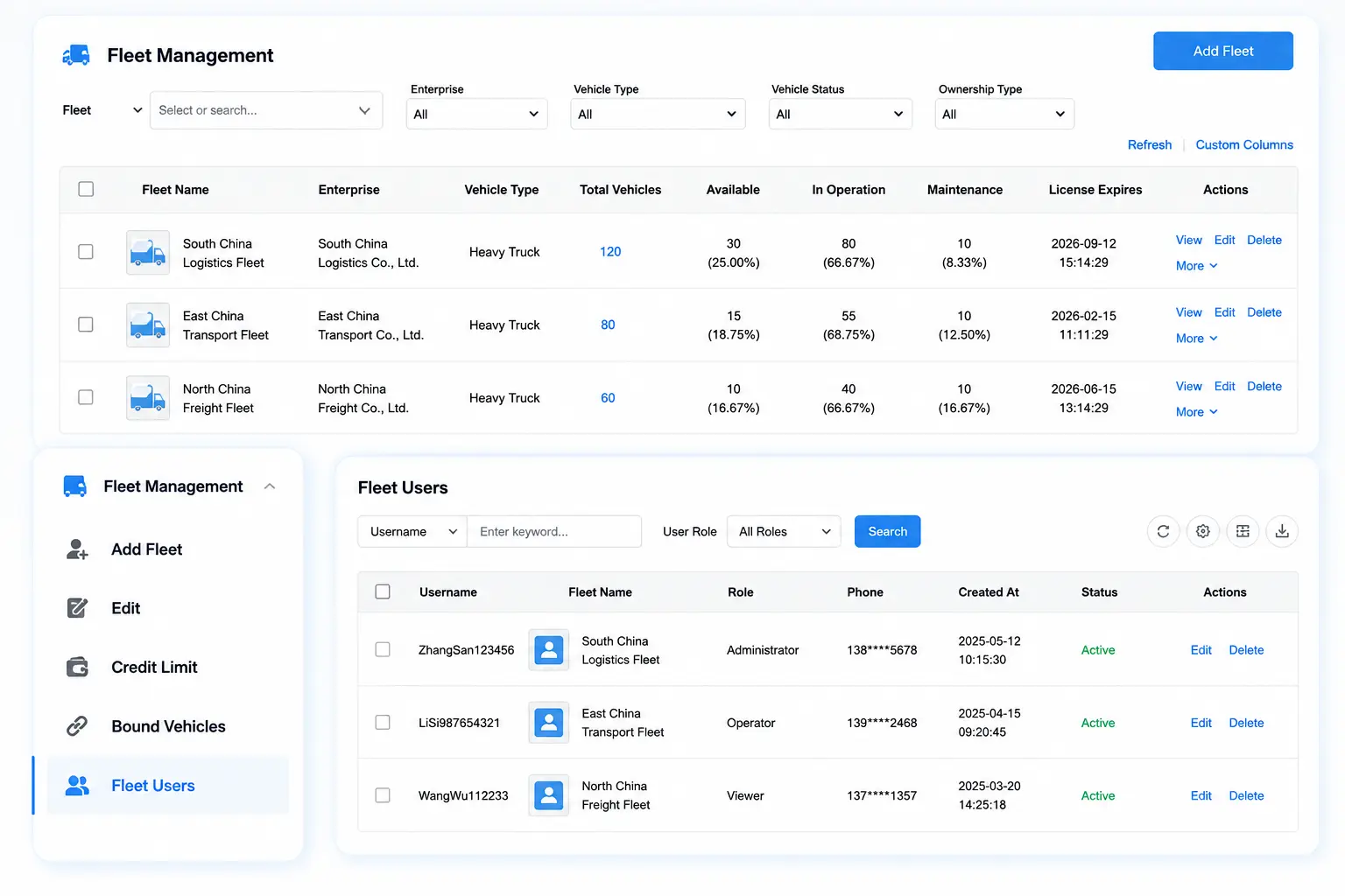 TRENDPOWER heavy-duty electric truck user and vehicle management software interface
