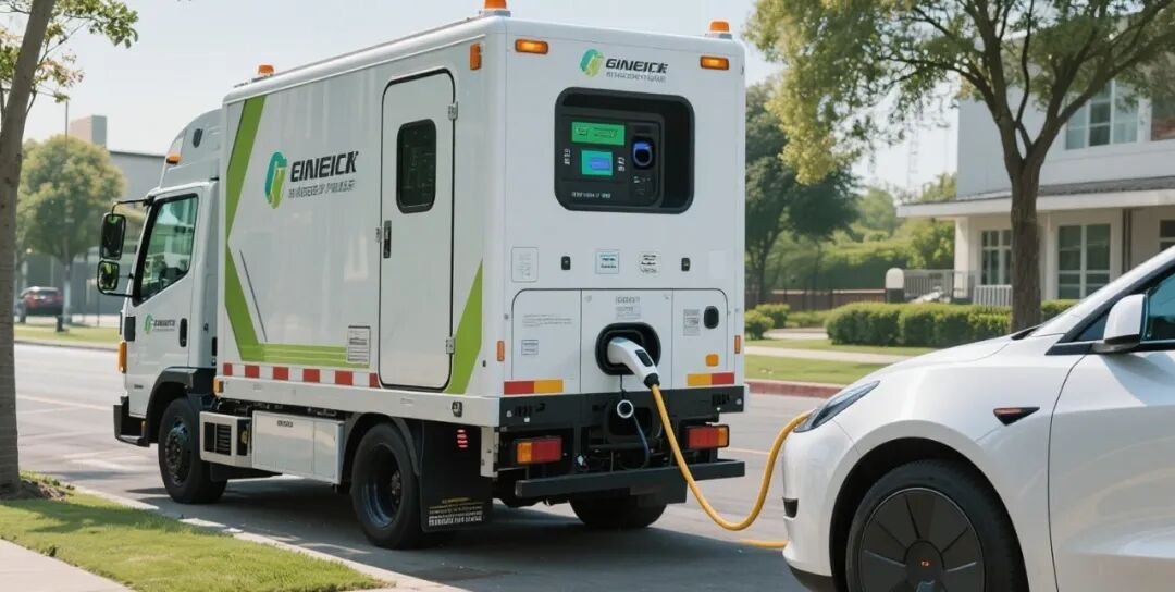 Mobile EV charging truck providing roadside charging to an electric car