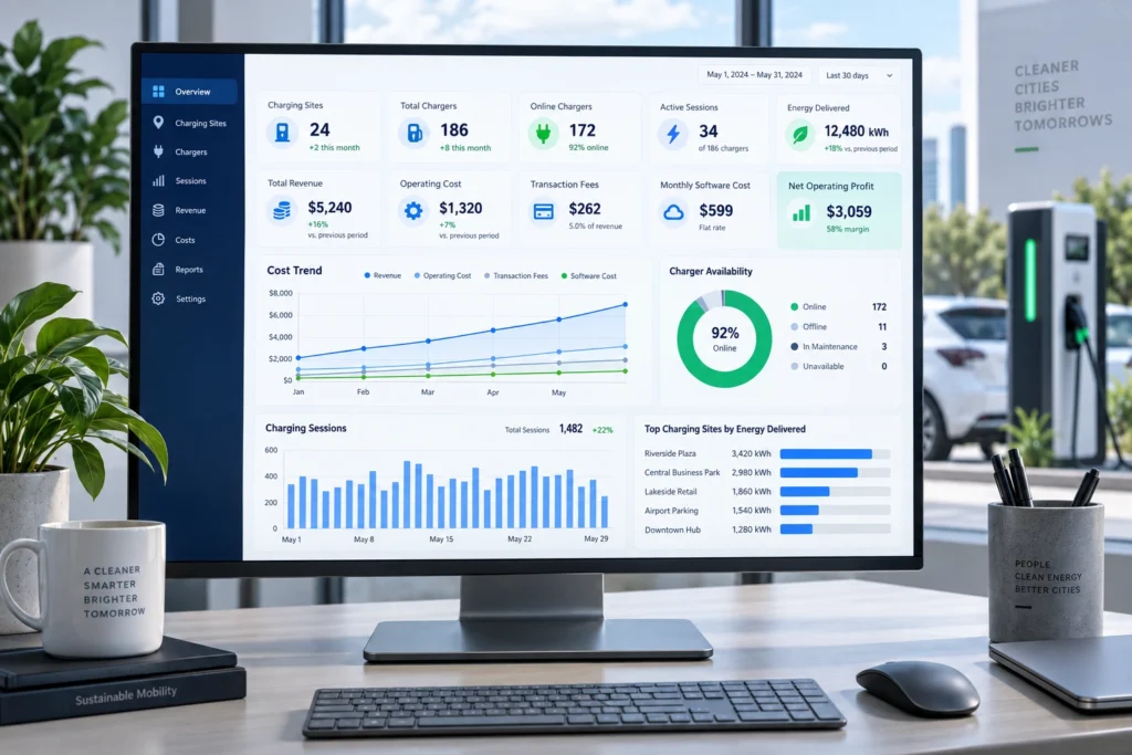 TrendPower EV charging management system cost dashboard showing chargers, sessions, revenue and operating costs