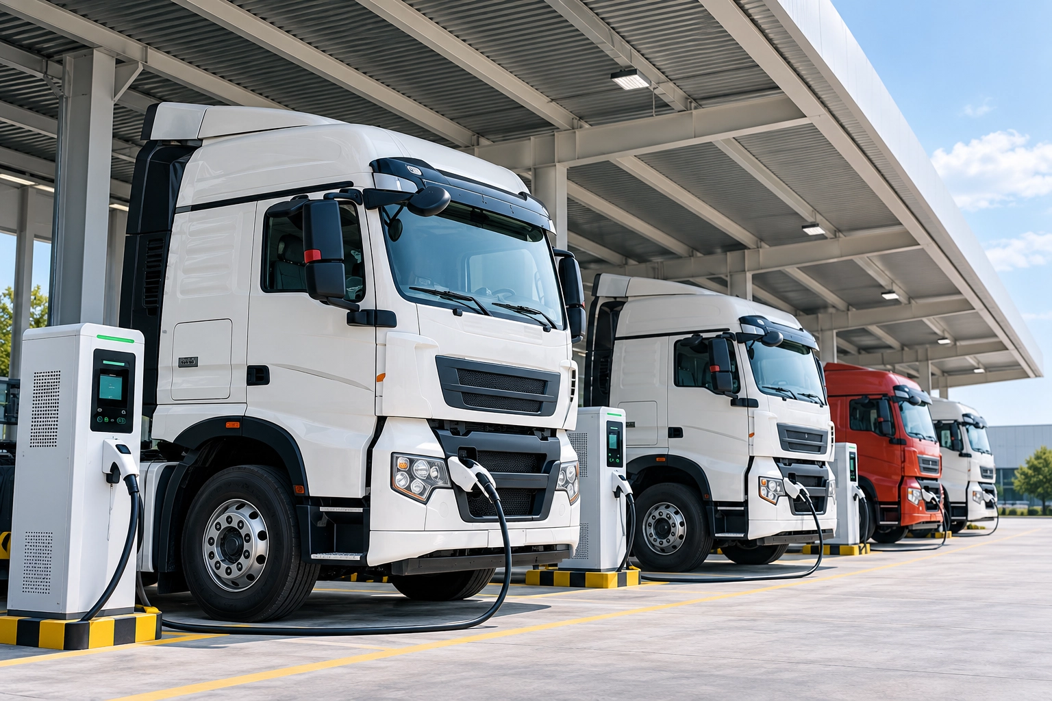 Heavy-duty electric truck fleet charging at a logistics depot